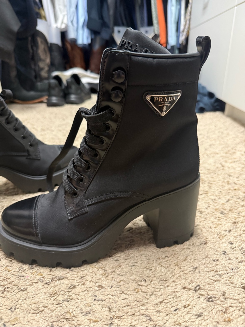 Prada Black Lace-Up Chunky Heel Combat Boots